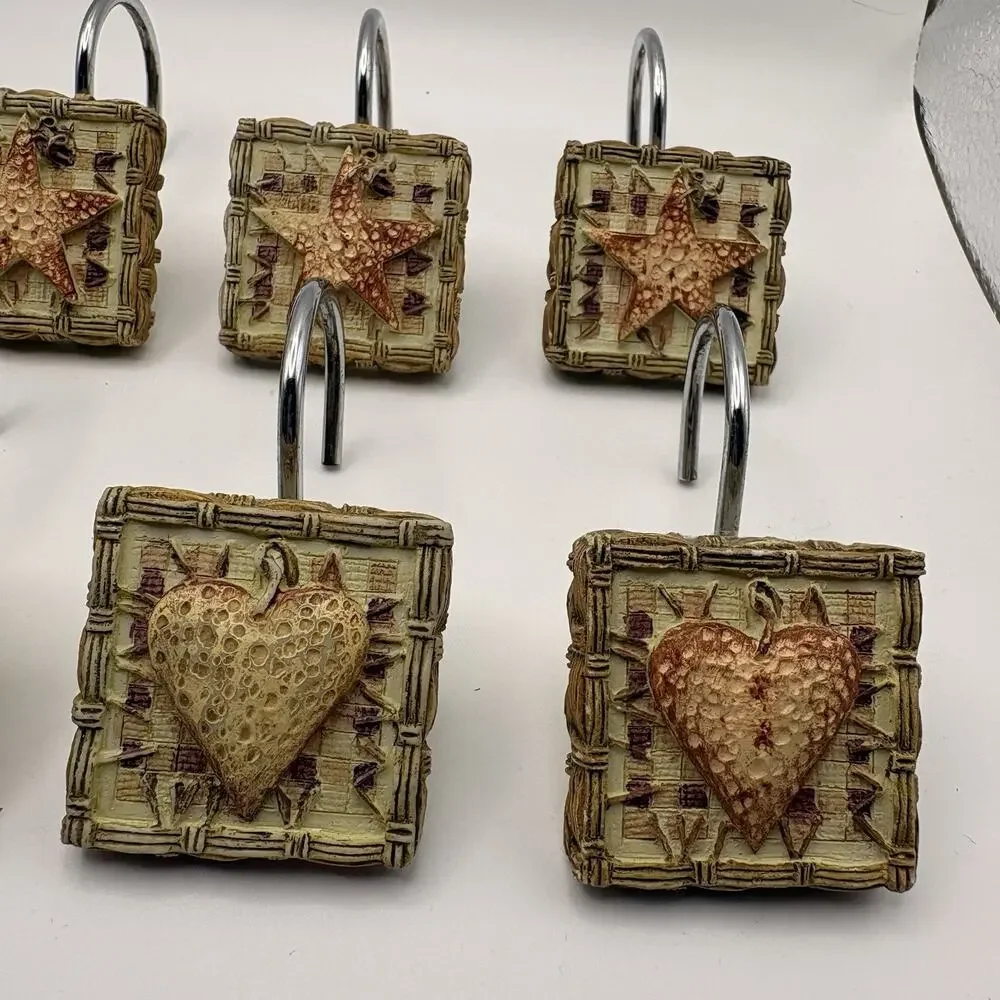VINTAGE QUILTED HEARTS & STARS SHOWER CURTAIN HOOKS SET OF 12